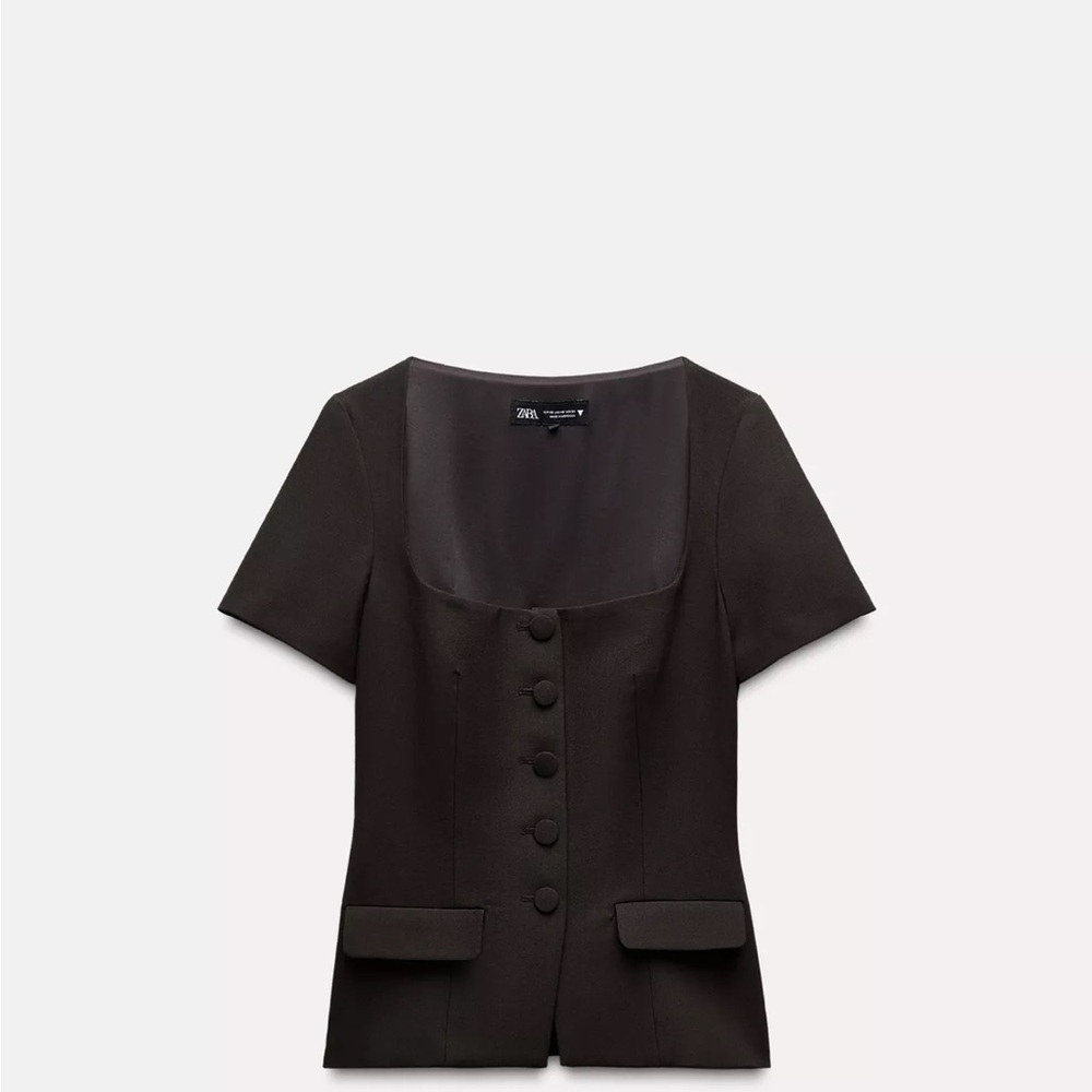 Zara Black Buttoned Short Sleeve Blouse